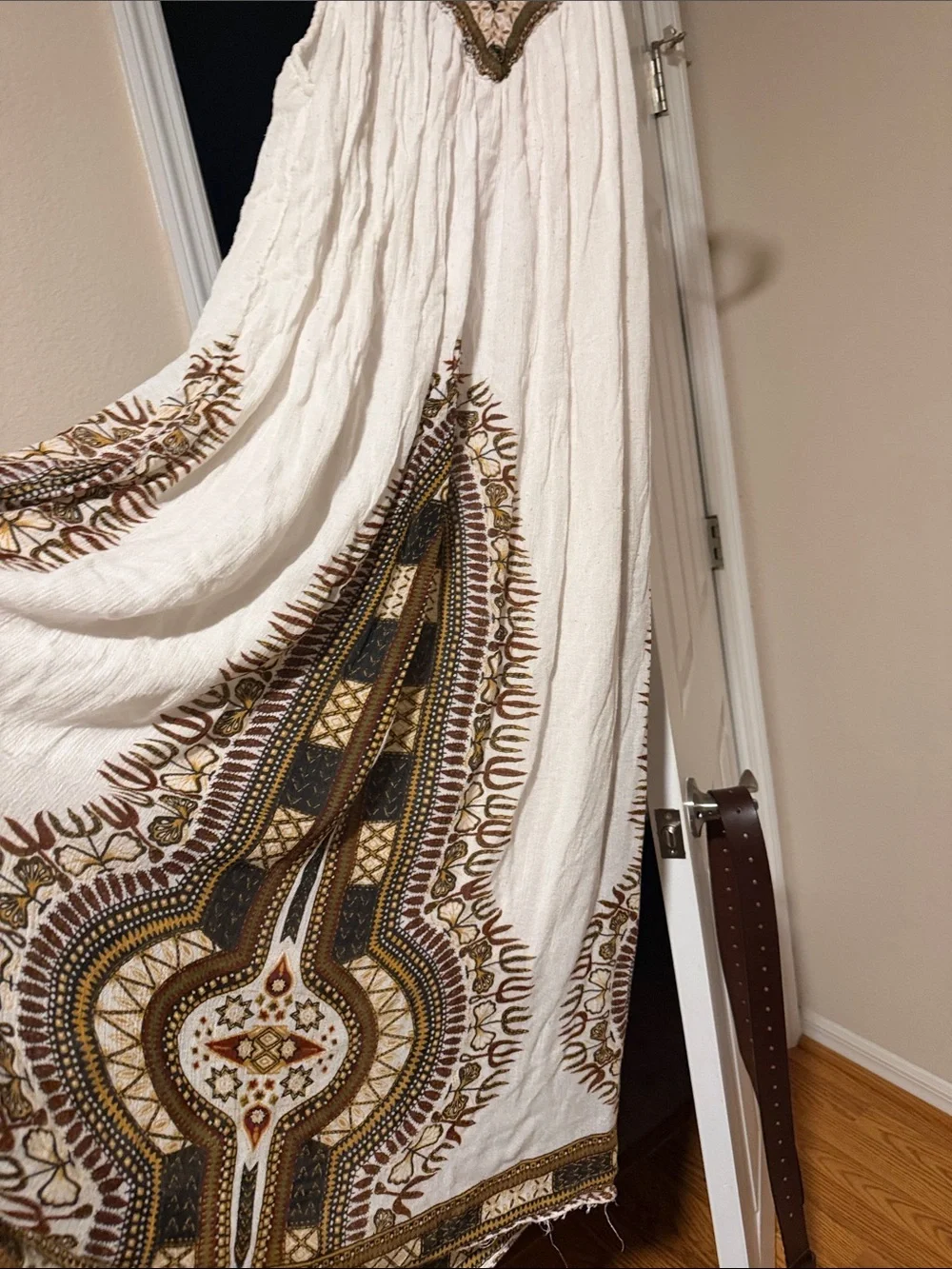 White Bohemian Embroidered Curtain Panel with Brown & Gold Accents